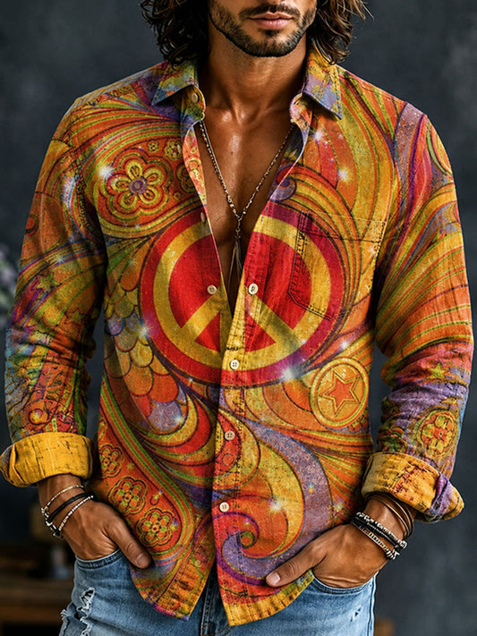 Cardydony Men's Vintage Hippie Peace Sign Swirl Art Print Pocket Long Sleeve Shirt