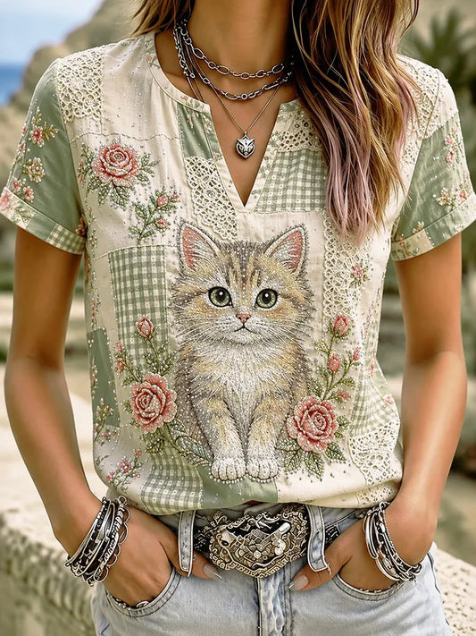 Cardydony Women's Cat Perm Hot Diamond Flowers Patchwork Print Casual T-shirt