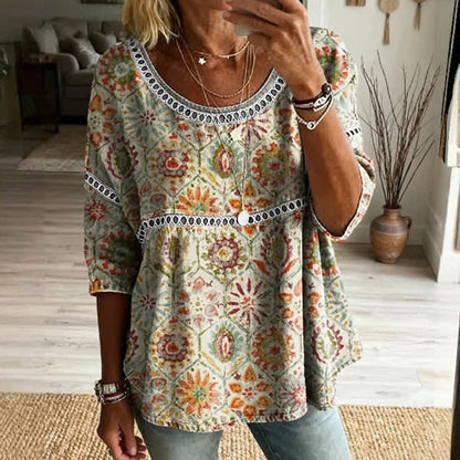 Cardydony Women's Retro Floral Pattern Cotton Linen Casual Crew Neck T-shirt