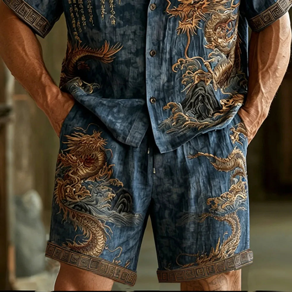 Cardydony Men's Dragon Pattern Calligraphy Embroidery Vintage Cotton And Linen Short Sleeve Shirt And Shorts Two-piece Set