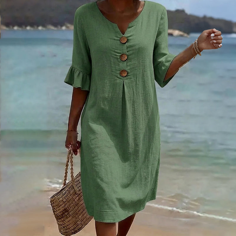 Cardydony Casual Solid-color Cotton V-neck Button Midi Dress
