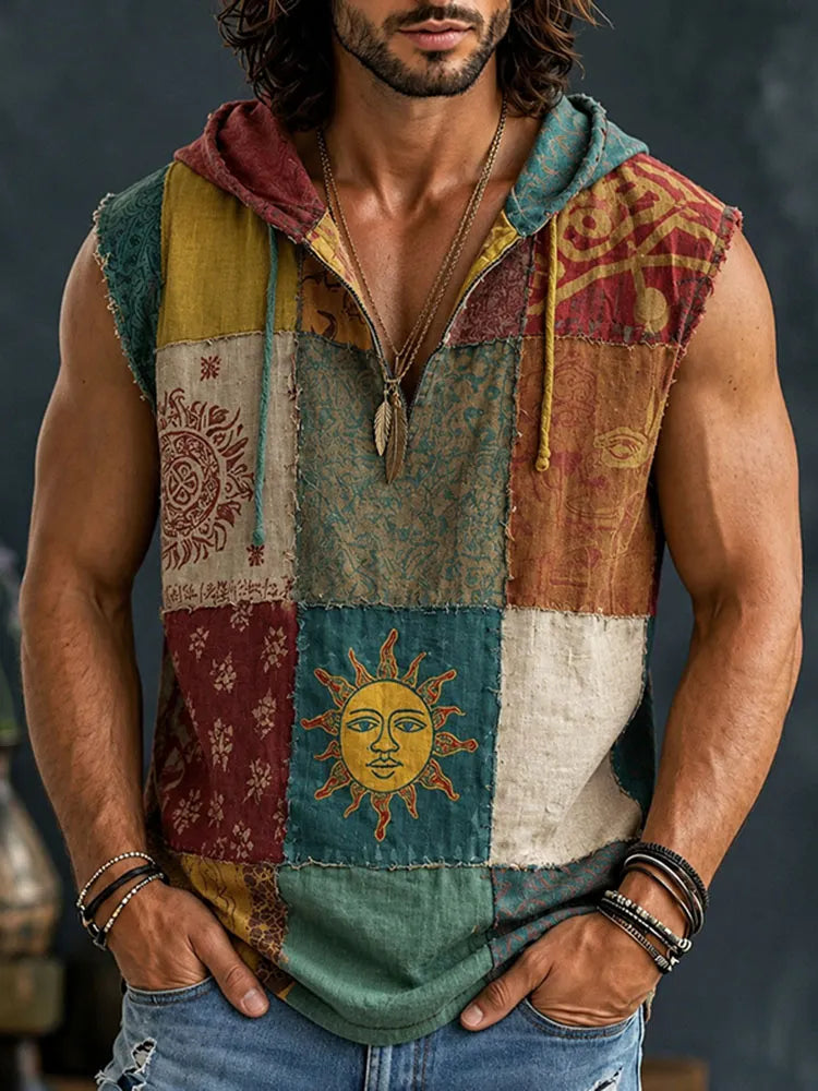 Cardydony Men's Boho Hippie Sun Retro Patchwork Art Print Workout Hooded Tank Top