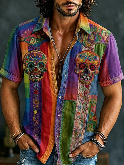 Cardydony Men's Retro Hippie Skull Patchwork Print Short-sleeve Shirt