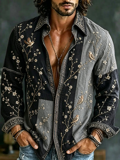 Cardydony Men's Retro Flowers And Birds Patchwork Art Casual Linen Shirt