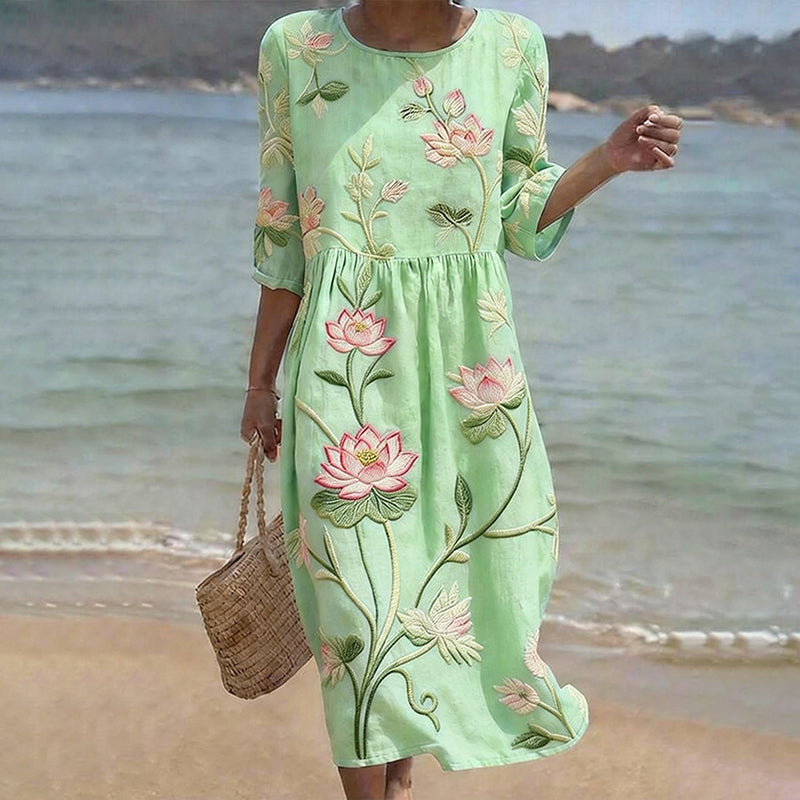 Cardydony Vintage Lotus Art Pattern Linen Blend Loose Three-quarter Sleeve Dress
