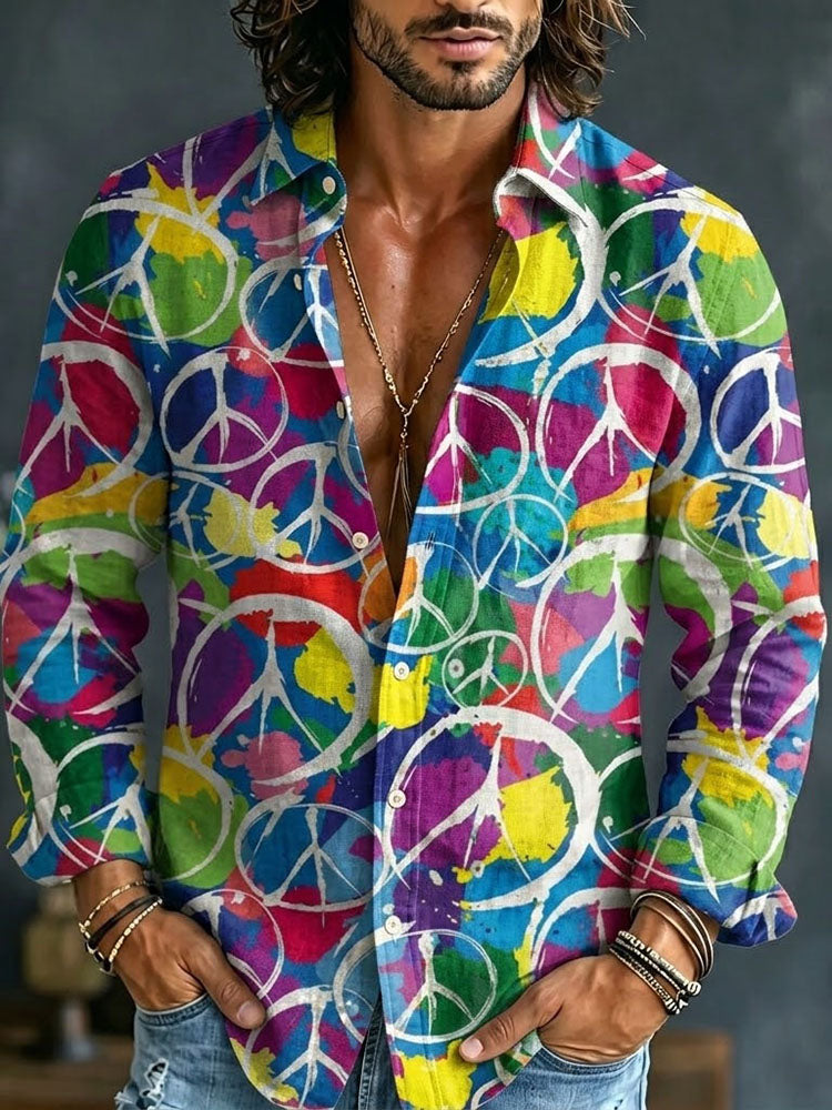 Cardydony Men's Hippie Colored Peace Symbol Print Shirt
