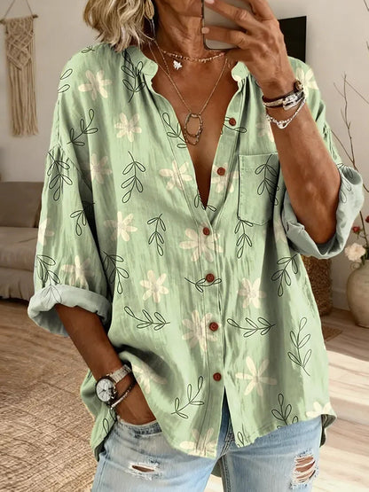 Cardydony Ethnic Bohemia Flowers Light Green Women's Vintage Art Print Casual Cotton And Linen Shirt