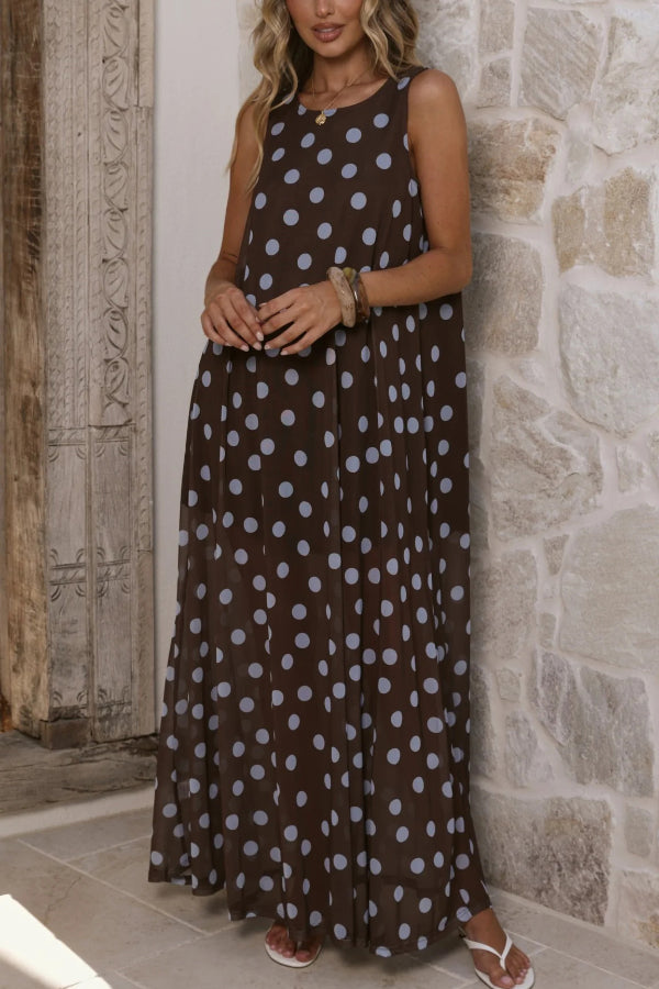 Cardydony Women's  Polka Dot Print Loose Round Neck Sleeveless Mesh Casual Maxi Dress
