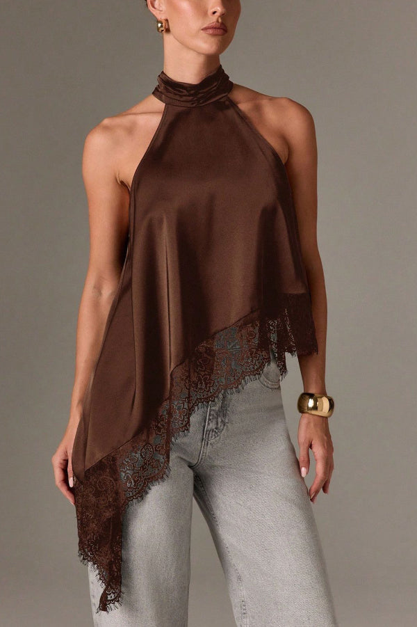 Cardydony Women's Solid Color Satin Sleeveless Lace Hem Loose Top