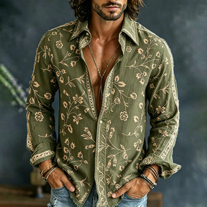 Cardydony Men's Vintage Spring Floral Embroidered Art Print Flowy Linen Blend Casual Shirt