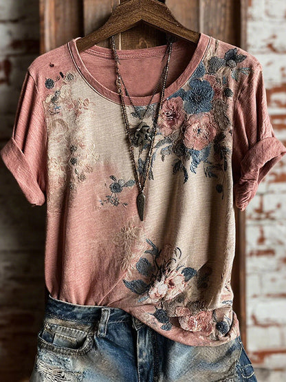Cardydony Women's Retro Bohemian Floral Casual T-shirt