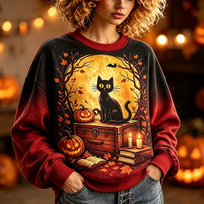 Cardydony Women's Halloween Black Cat & Jack-o'-lantern Graphic Sweatshirt - Full Moon Scene