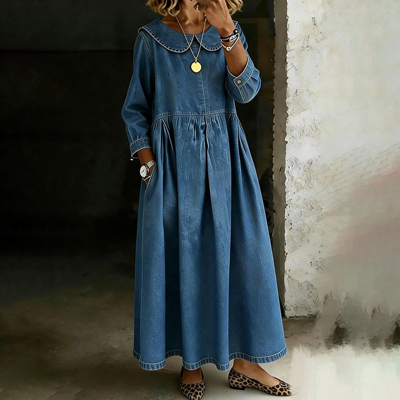 Cardydony Women's Retro Peter Pan Collar Washed Denim Midi Dress