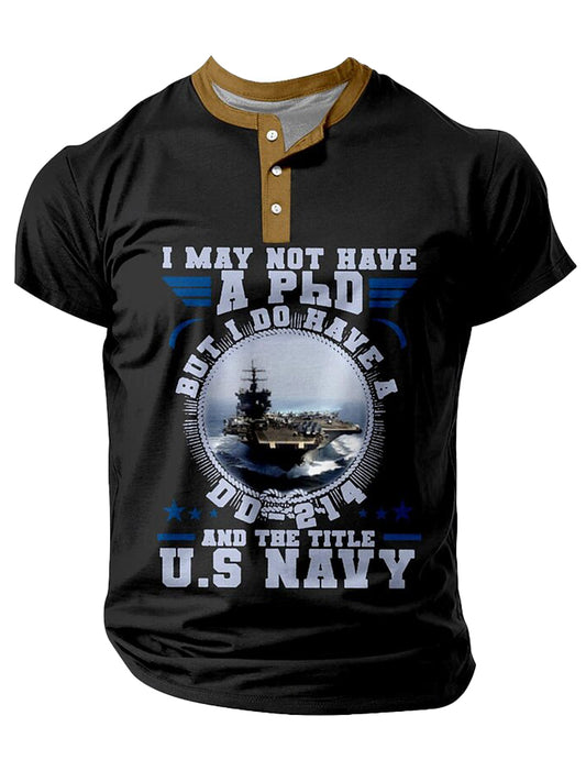 Cardydony Men's Retro Us Navy Veteran Graphic Print Henley T-shirt