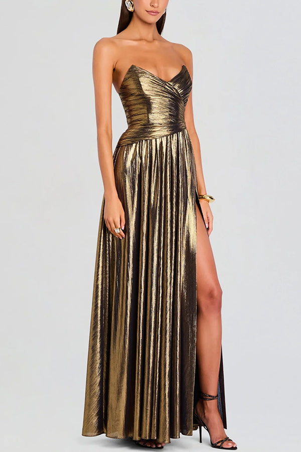Cardydony Women's Goddess Temperament Metallic Pleated Fabric Off Shoulder Slit Maxi Dress