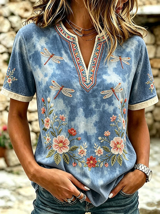 Cardydony Women's Vintage Bohemian Floral And Dragonfly Art Print Linen Blend Tops