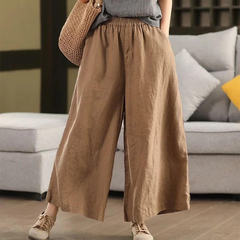 Cardydony Casual Solid Color Linen Loose Trousers