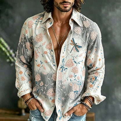 Cardydony Men's Vintage Floral Embroidered Art Print Flowy Linen Blend Casual Shirt