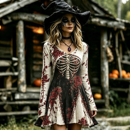 Cardydony Women's Vintage Halloween Gothic Skeleton Roses Art Print Linen Mini Dress