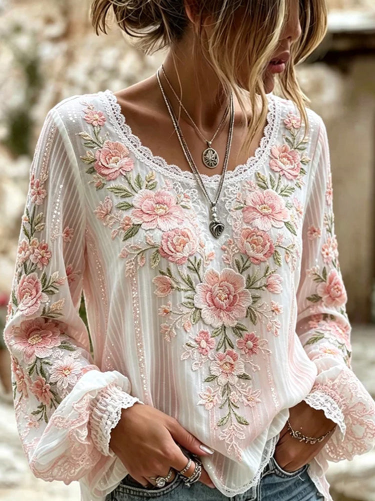 Cardydony Women's Pink Floral Art Embroidered Linen Blend Comfortable Short Sleeve Top