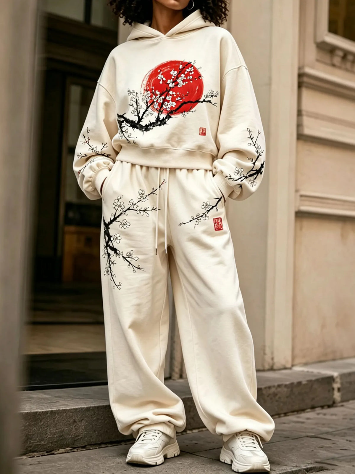 Cardydony Women's Japanese Cherry Blossom Art Print Hoodie Two Piece Set