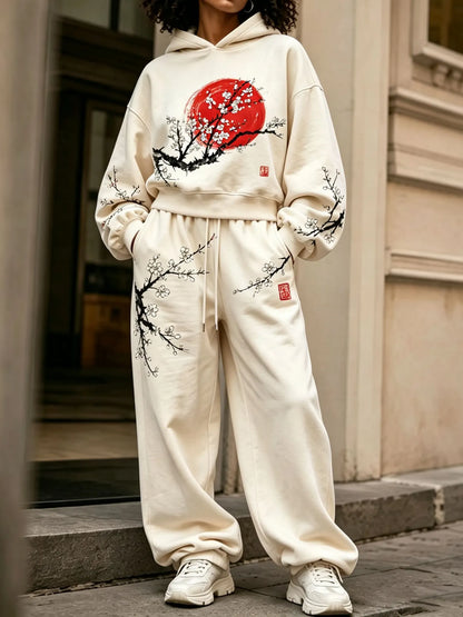 Cardydony Women's Japanese Cherry Blossom Art Print Hoodie Two Piece Set