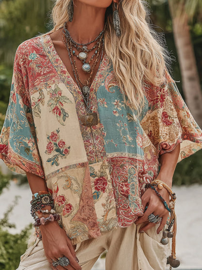 Cardydony Women's V Neck Boho Floral Art Casual Shirt