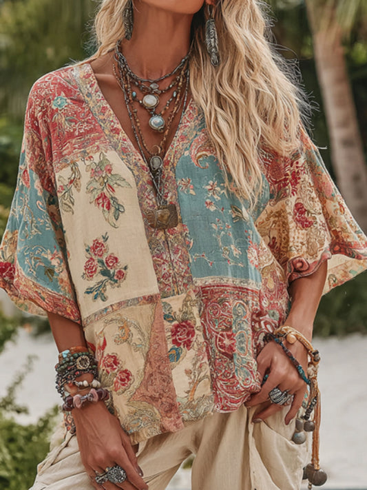 Cardydony Women's V Neck Boho Floral Art Casual Shirt
