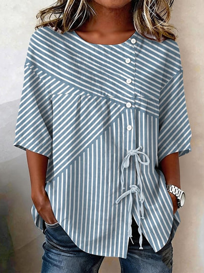 Cardydony Women's Striped Print Casual Linen Shirt