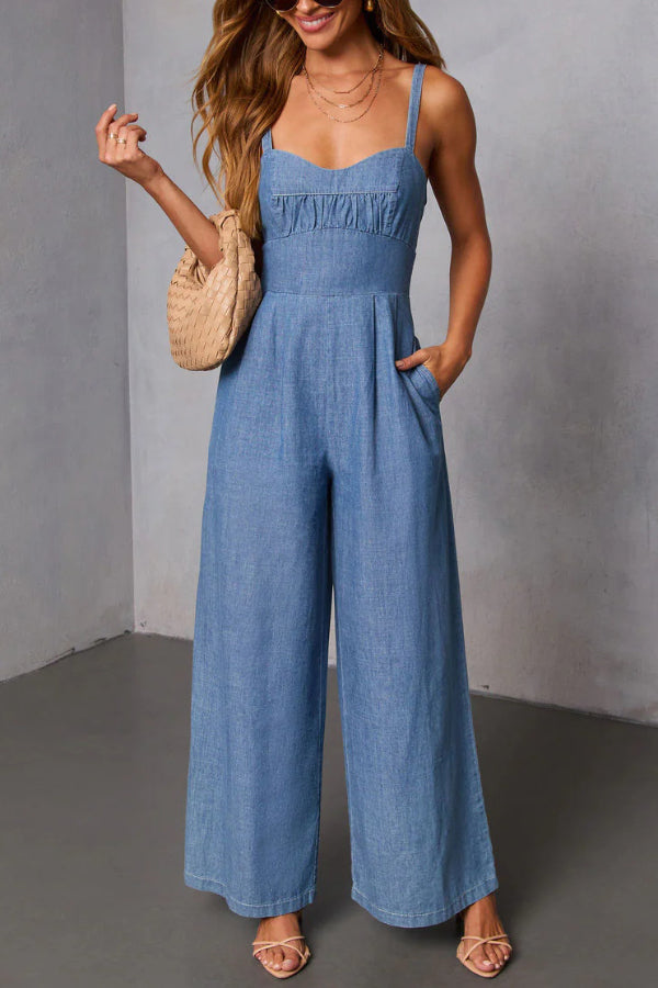 Cardydony Women's Solid Color Sleeveless Backless Casual Pocket Faux Denim Wide-leg Jumpsuit