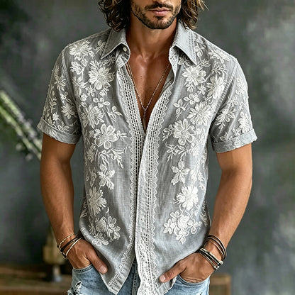 Cardydony Men's Floral Art Embroidery Casual Cotton Linen Shirt