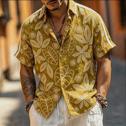 Cardydony Men's Retro Plant Flower Embroidery Pattern Design Casual Linen Shirt