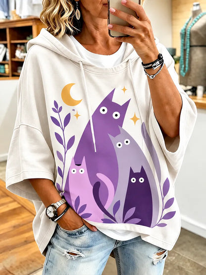 Cardydony Women's Casual Hooded Sweatshirt In Off-white With Abstract Purple Cats, Crescent Moon, And Botanical Foliage Print