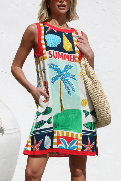 Cardydony Women's Summer-themed Printed Round Neck Sleeveless Pocket Loose Mini Dress