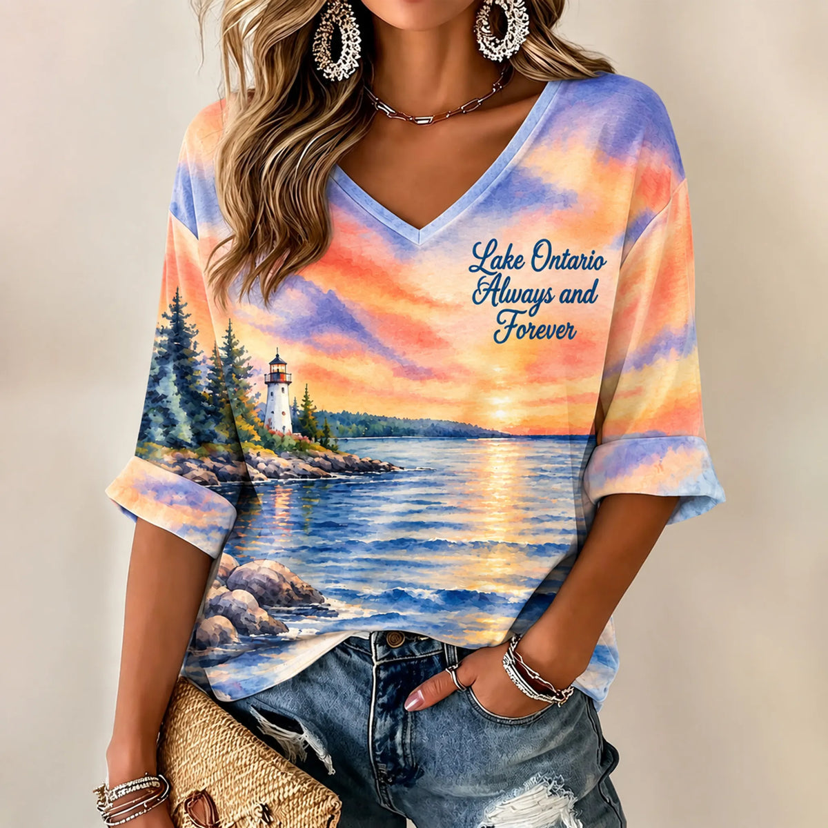 Cardydony Women's Lake Ontario Always And Forever Printed Mid-length Sleeves V-neck T-shirt
