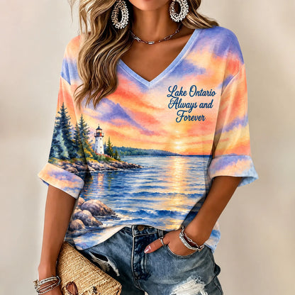 Cardydony Women's Lake Ontario Always And Forever Printed Mid-length Sleeves V-neck T-shirt