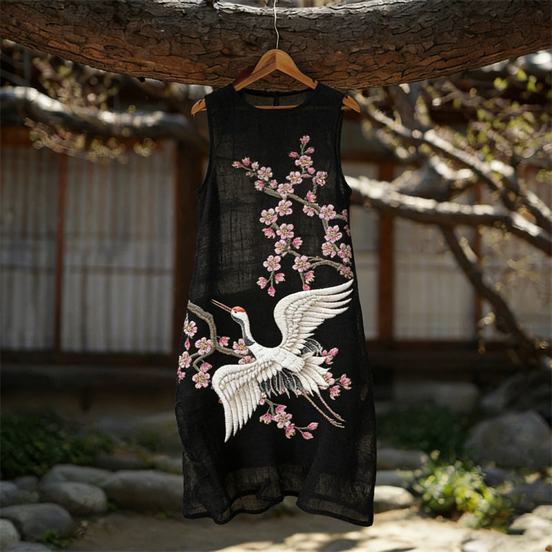 Cardydony Japanese Crane & Cherry Blossom Flowy Linen Dress