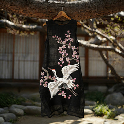 Cardydony Japanese Crane & Cherry Blossom Flowy Linen Dress