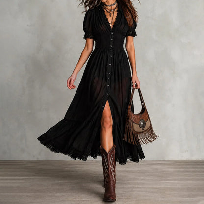 Cardydony Elegant Solid Color Fitted Waist Ruffled V-neck Maxi Dress