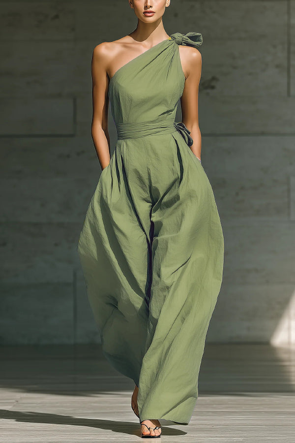 Cardydony Women's Solid Color Sleeveless One-shoulder Fitted Waist Casual Pocket Loose Wide-leg Jumpsuit