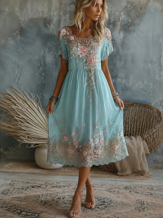 Cardydony Women's Vintage Rose Floral Art Flowy Linen Blend Casual Round Neck Midi Dress