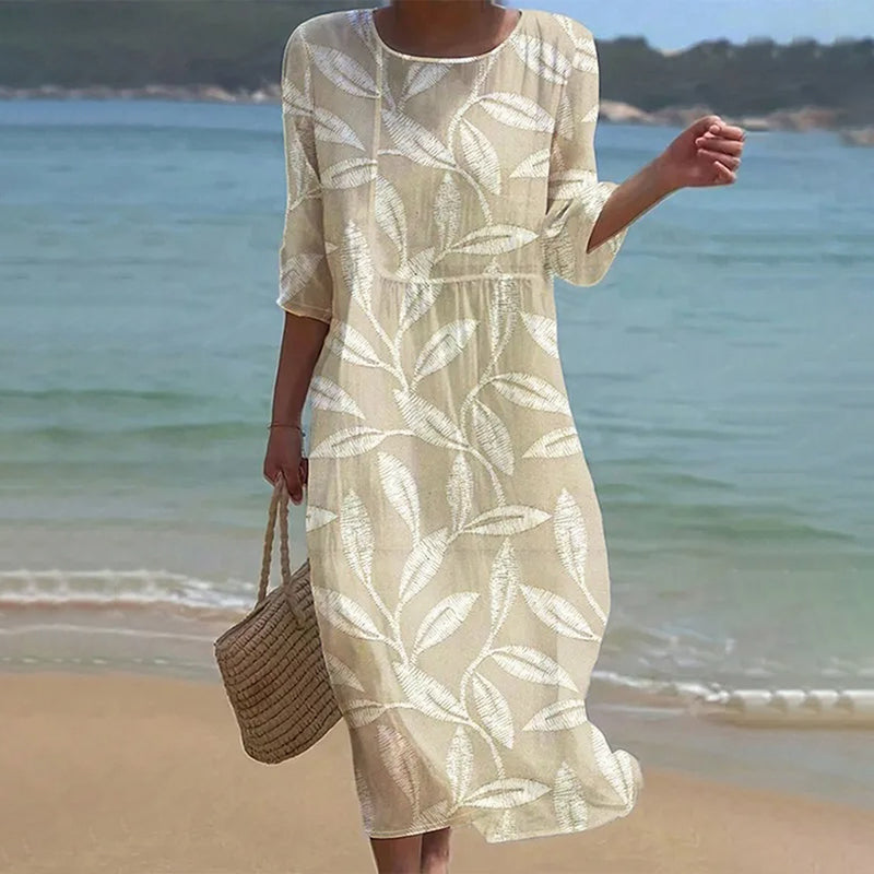 Cardydony Women's Leaf Print Linen Blend Midi Dress