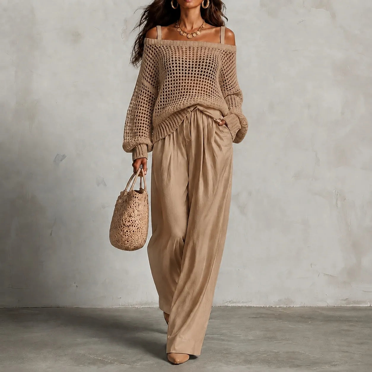 Cardydony Elegance Two-piece Set: Openwork Knit Top And Wide-leg Pants