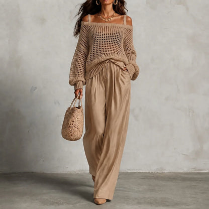 Cardydony Elegance Two-piece Set: Openwork Knit Top And Wide-leg Pants