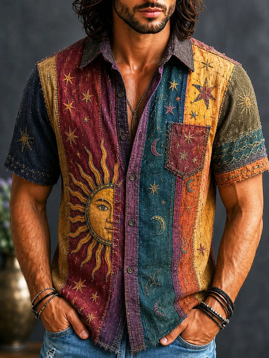Cardydony Men's Vintage Patchwork Peace Sign Sun Moon Stars Striped Art Print Shirt