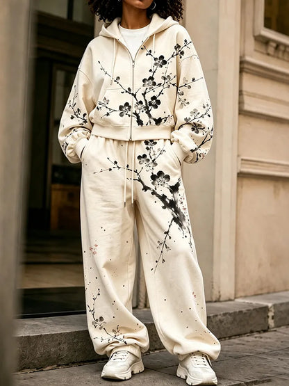 Cardydony Women's Japanese Cherry Blossom Print Casual Zip Up Hoodie Two Piece Set