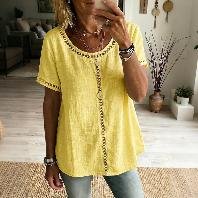 Cardydony Women's Vintage Hollow-out Design Cotton Linen Shirt