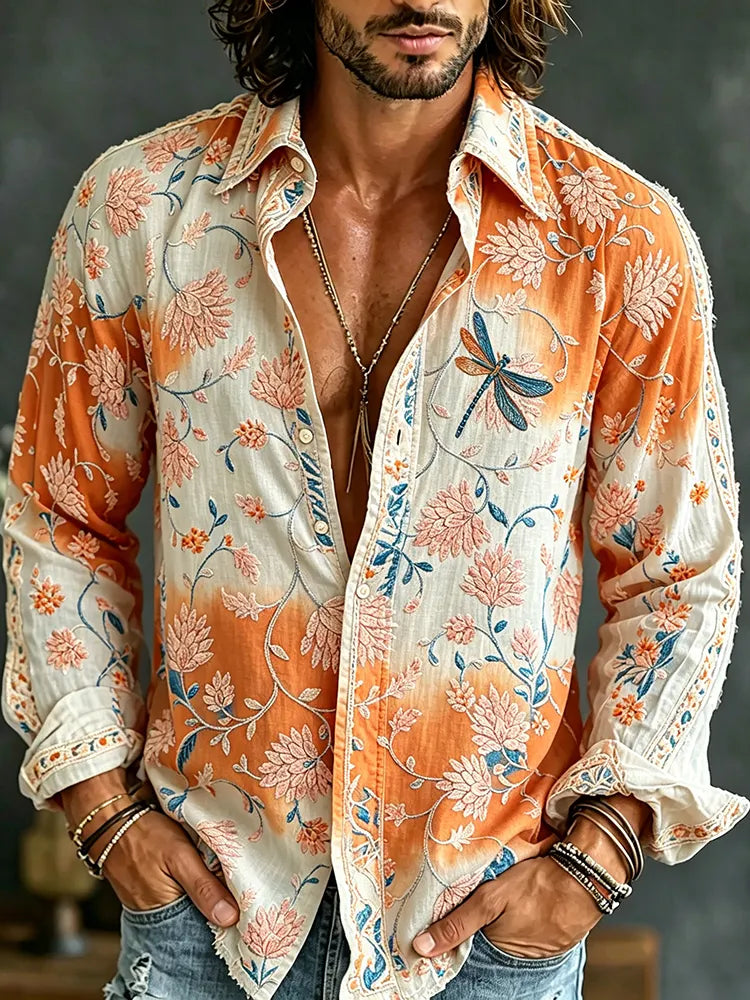 Cardydony Men's Vintage Floral Embroidered Art Print Flowy Linen Blend Casual Shirt