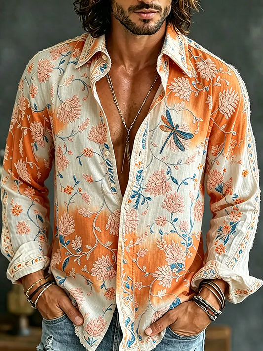 Cardydony Men's Vintage Floral Embroidered Art Print Flowy Linen Blend Casual Shirt