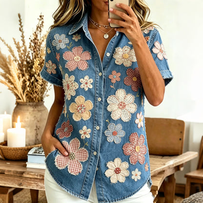 Cardydony Women's Bohemian Vintage Floral Art Print Flowy Linen Blend Casual Tops